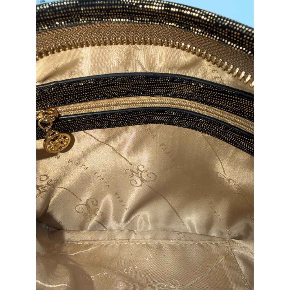 Vieta Metallic Gold Black Shimmer Clutch Bag with Rhinestone Charm Wristlet - Picture 11 of 14